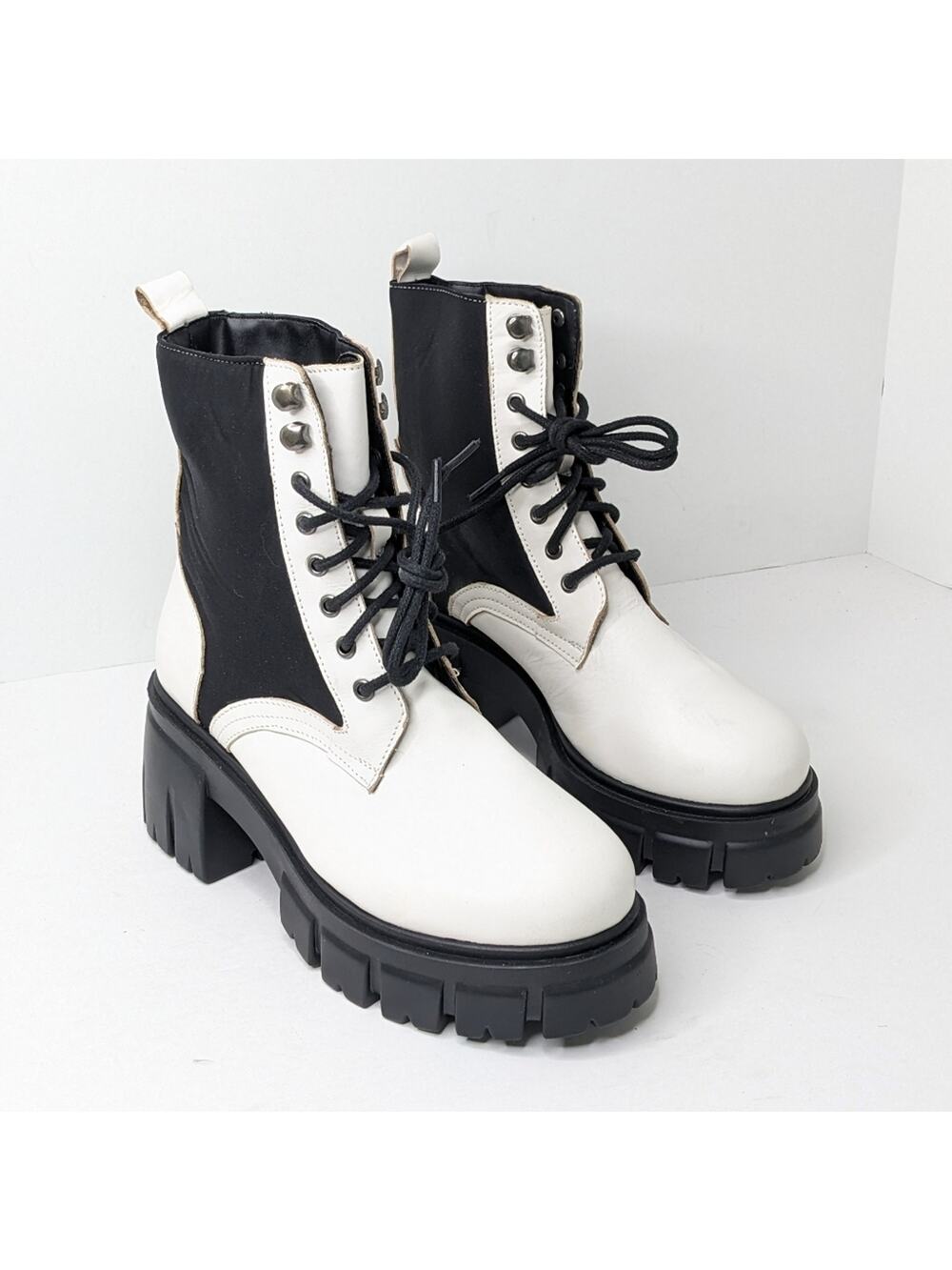 Secret Celebrity Chunky Lace-up Boots, White/Black, Women's 8